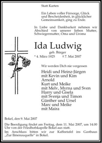 Traueranzeige von Ida Ludwig von ALLGEMEINE ZEITUNG UELZEN