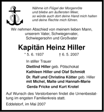 Traueranzeige von Heinz Hiller von ALLGEMEINE ZEITUNG UELZEN