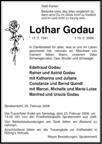 Traueranzeige von Lothar Godau von ALLGEMEINE ZEITUNG UELZEN