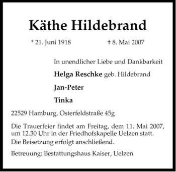 Traueranzeige von Käthe Hildebrand von ALLGEMEINE ZEITUNG UELZEN