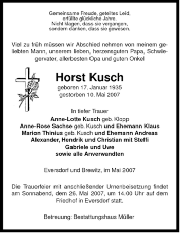 Traueranzeige von Horst Kusch von ALLGEMEINE ZEITUNG UELZEN