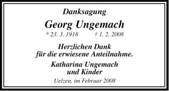 Traueranzeige von Georg Ungemach von ALLGEMEINE ZEITUNG UELZEN