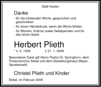 Traueranzeige von Herbert Plieth von ALLGEMEINE ZEITUNG UELZEN