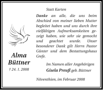 Traueranzeige von Alma Büttner von ALLGEMEINE ZEITUNG UELZEN