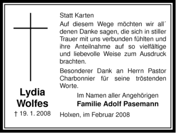 Traueranzeige von Lydia Wolfes von ALLGEMEINE ZEITUNG UELZEN