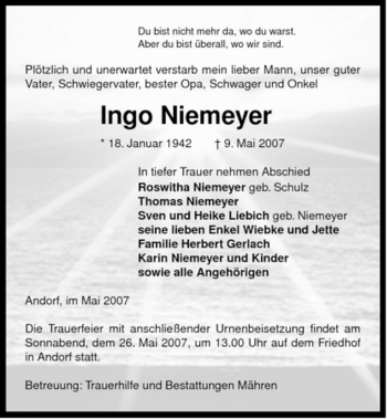 Traueranzeige von Ingo Niemeyer von ALLGEMEINE ZEITUNG UELZEN