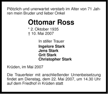 Traueranzeige von Ottomar Ross von ALLGEMEINE ZEITUNG UELZEN