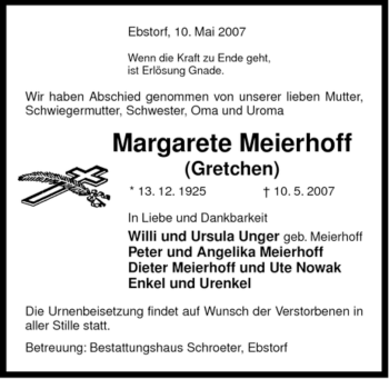 Traueranzeige von Margarete Meierhoff von ALLGEMEINE ZEITUNG UELZEN
