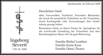 Traueranzeige von Ingeborg Severit von ALLGEMEINE ZEITUNG UELZEN