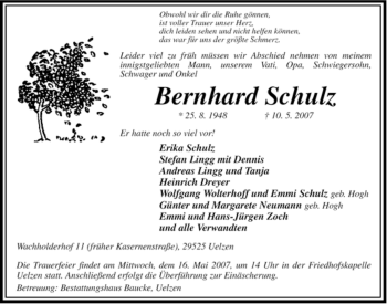 Traueranzeige von Bernhard Schulz von ALLGEMEINE ZEITUNG UELZEN