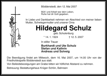 Traueranzeige von Hildegard Schulz von ALLGEMEINE ZEITUNG UELZEN