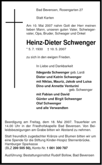 Traueranzeige von Heinz-Dieter Schwenger von ALLGEMEINE ZEITUNG UELZEN
