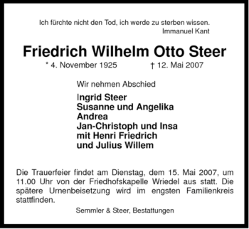 Traueranzeige von Friedrich Wilhelm Otto Steer von ALLGEMEINE ZEITUNG UELZEN