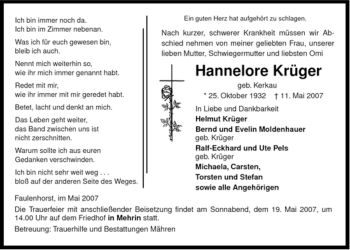 Traueranzeige von Hannelore Krüger von ALLGEMEINE ZEITUNG UELZEN