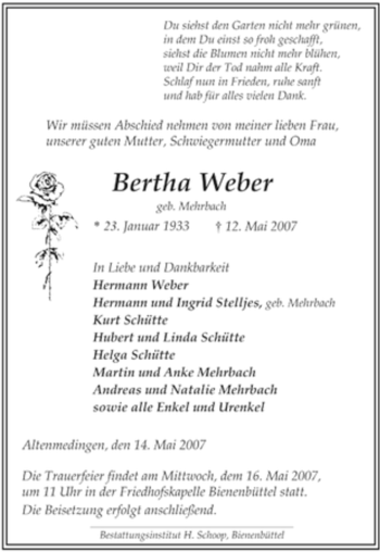 Traueranzeige von Bertha Weber von ALLGEMEINE ZEITUNG UELZEN