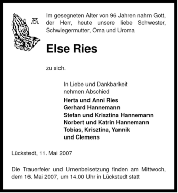 Traueranzeige von Else Ries von ALLGEMEINE ZEITUNG UELZEN