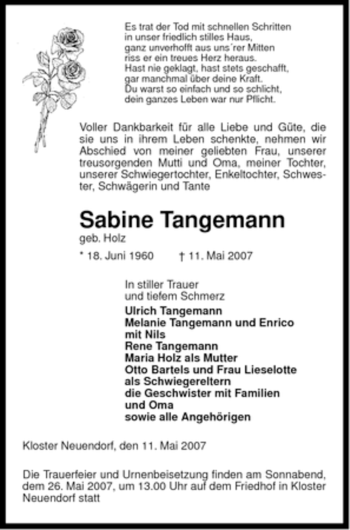 Traueranzeige von Sabine Tangemann von ALLGEMEINE ZEITUNG UELZEN