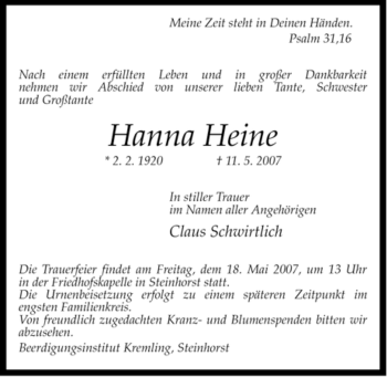 Traueranzeige von Hanna Heine von ALLGEMEINE ZEITUNG UELZEN