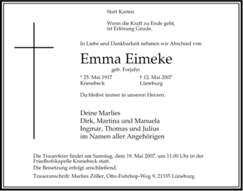Traueranzeige von Emma Eimeke von ALLGEMEINE ZEITUNG UELZEN