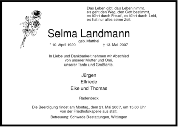 Traueranzeige von Selma Landmann von ALLGEMEINE ZEITUNG UELZEN