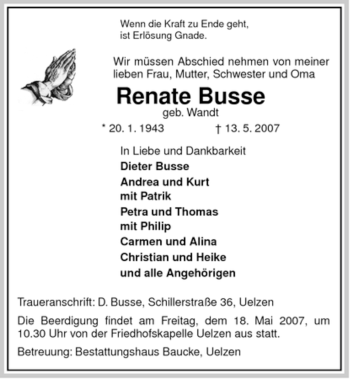 Traueranzeige von Renate Busse von ALLGEMEINE ZEITUNG UELZEN