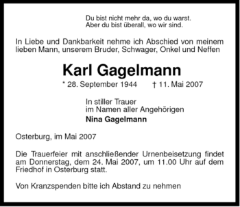 Traueranzeige von Karl Gagelmann von ALLGEMEINE ZEITUNG UELZEN