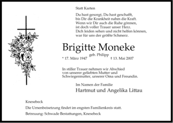 Traueranzeige von Brigitte Moneke von ALLGEMEINE ZEITUNG UELZEN