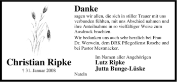 Traueranzeige von Christian Ripke von ALLGEMEINE ZEITUNG UELZEN