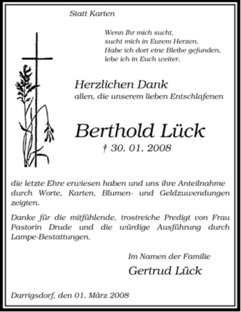 Traueranzeige von Berthold Lück von ALLGEMEINE ZEITUNG UELZEN