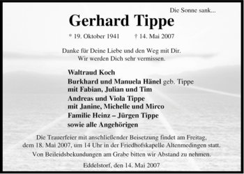 Traueranzeige von Gerhard Tippe von ALLGEMEINE ZEITUNG UELZEN