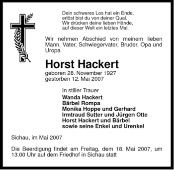 Traueranzeige von Horst Hackert von ALLGEMEINE ZEITUNG UELZEN