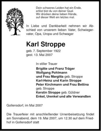 Traueranzeige von Karl Stroppe von ALLGEMEINE ZEITUNG UELZEN