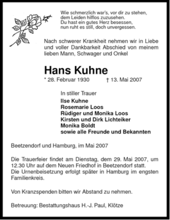 Traueranzeige von Hans Kuhne von ALLGEMEINE ZEITUNG UELZEN