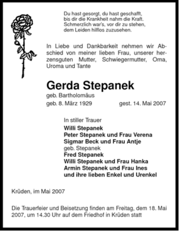 Traueranzeige von Gerda Stepanek von ALLGEMEINE ZEITUNG UELZEN