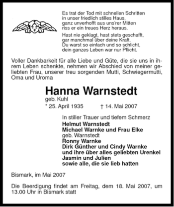 Traueranzeige von Hanna Warnstedt von ALLGEMEINE ZEITUNG UELZEN