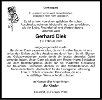 Traueranzeige von Gerhard Diek von ALLGEMEINE ZEITUNG UELZEN