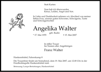 Traueranzeige von Angelika Walter von ALLGEMEINE ZEITUNG UELZEN