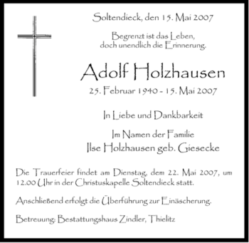 Traueranzeige von Adolf Holzhausen von ALLGEMEINE ZEITUNG UELZEN