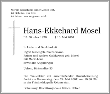 Traueranzeige von Hans-Ekkehard Mosel von ALLGEMEINE ZEITUNG UELZEN
