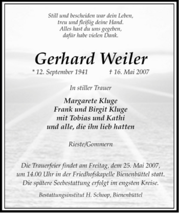 Traueranzeige von Gerhard Weiler von ALLGEMEINE ZEITUNG UELZEN