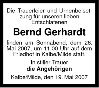 Traueranzeige von Bernd Gerhardt von ALLGEMEINE ZEITUNG UELZEN