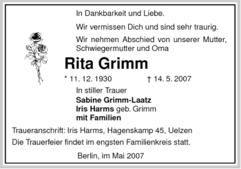 Traueranzeige von Rita Grimm von ALLGEMEINE ZEITUNG UELZEN