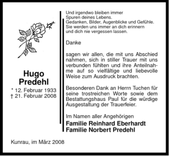 Traueranzeige von Hugo Predehl von ALLGEMEINE ZEITUNG UELZEN