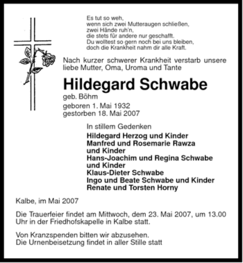 Traueranzeige von Hildegard Schwabe von ALLGEMEINE ZEITUNG UELZEN