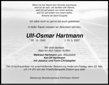 Traueranzeige von Ulf-Osmar Hartmann von ALLGEMEINE ZEITUNG UELZEN
