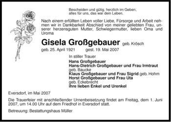 Traueranzeige von Gisela Großgebauer von ALLGEMEINE ZEITUNG UELZEN