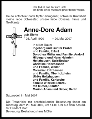 Traueranzeige von Anne-Dore Adam von ALLGEMEINE ZEITUNG UELZEN