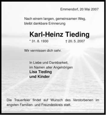 Traueranzeige von Karl-Heinz Tieding von ALLGEMEINE ZEITUNG UELZEN