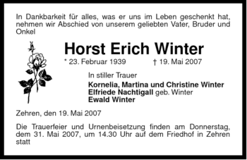 Traueranzeige von Horst Erich Winter von ALLGEMEINE ZEITUNG UELZEN