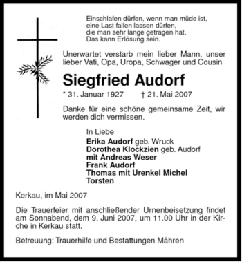 Traueranzeige von Siegfried Audorf von ALLGEMEINE ZEITUNG UELZEN